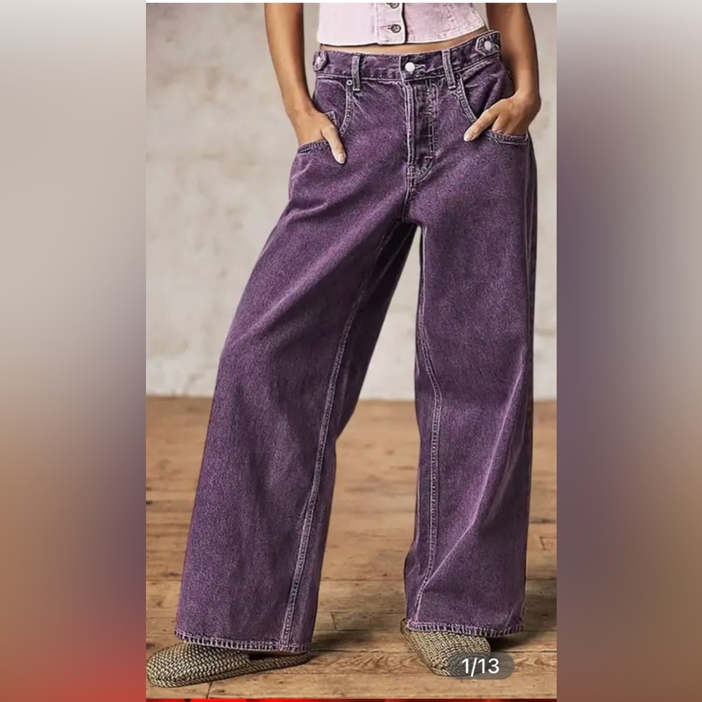 Flamingals Stitch Detail Mid Rise Wide Leg Jeans